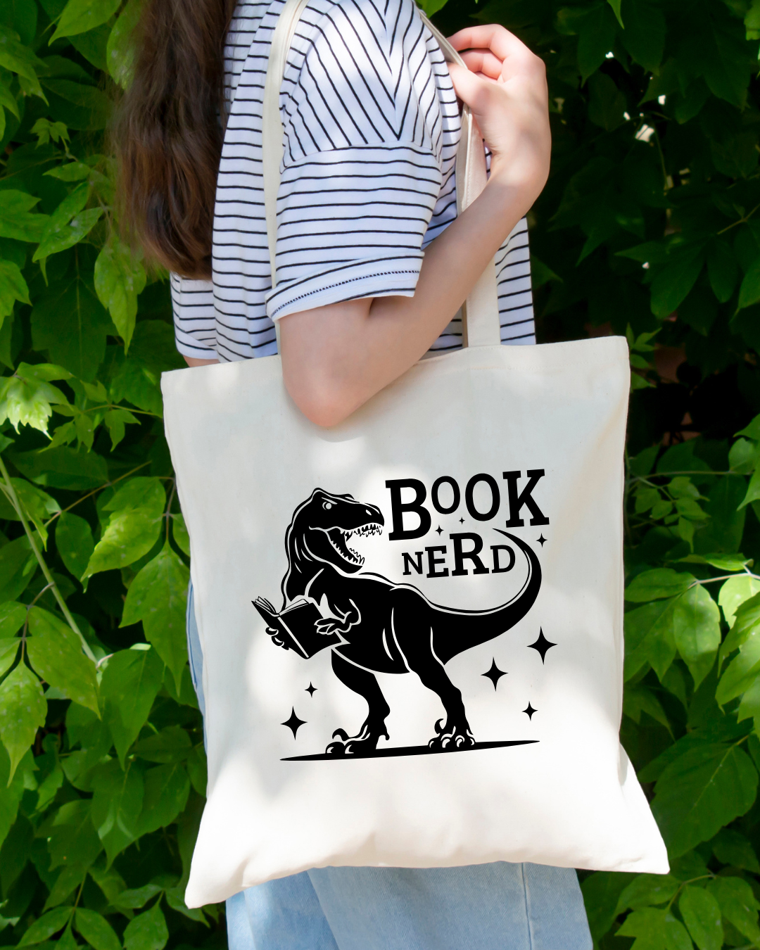 Book Nerd Dino Magnetic Snap Closure Canvas Tote
