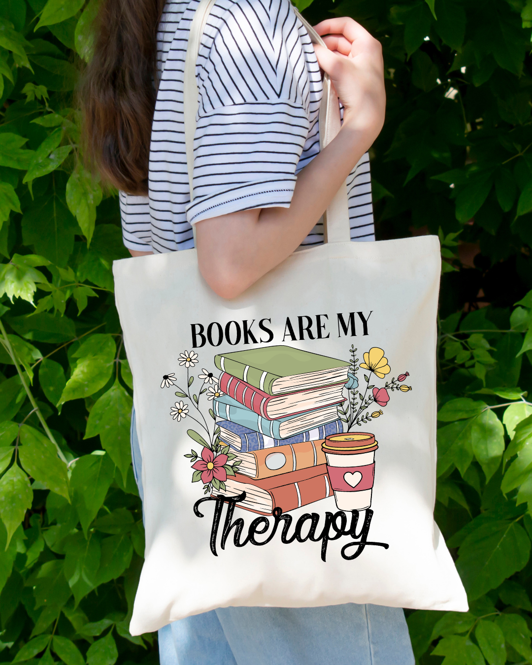 Books Are My Therapy 1 Magnetic Snap Closure Canvas Tote