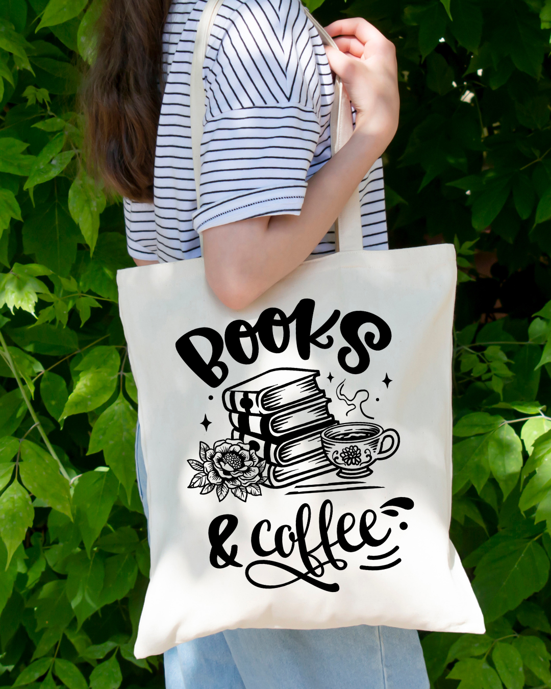 Books & Coffee Magnetic Snap Closure Canvas Tote