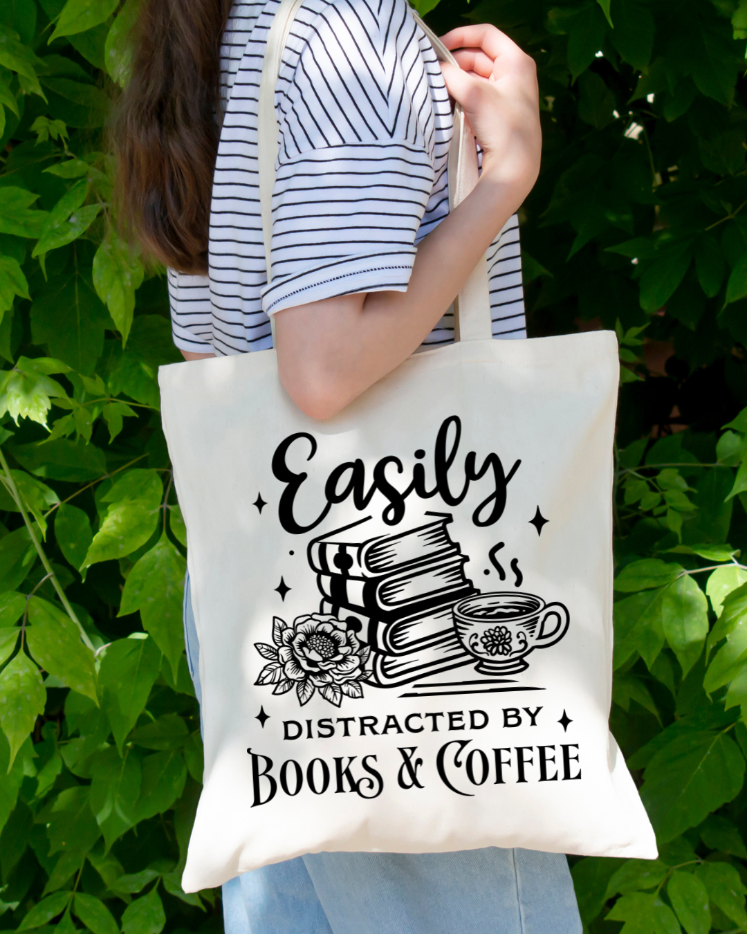 Easily Distracted by Books & Coffee Magnetic Snap Closure Canvas Tote