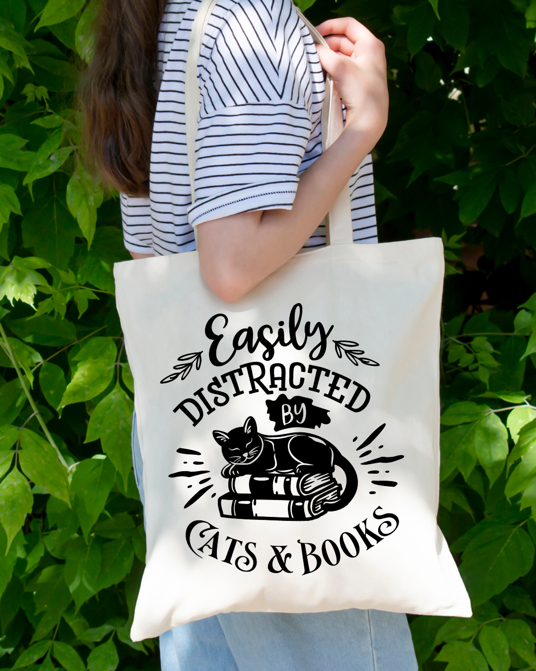 Easily Distracted by Cats & Books Magnetic Snap Closure Canvas Tote