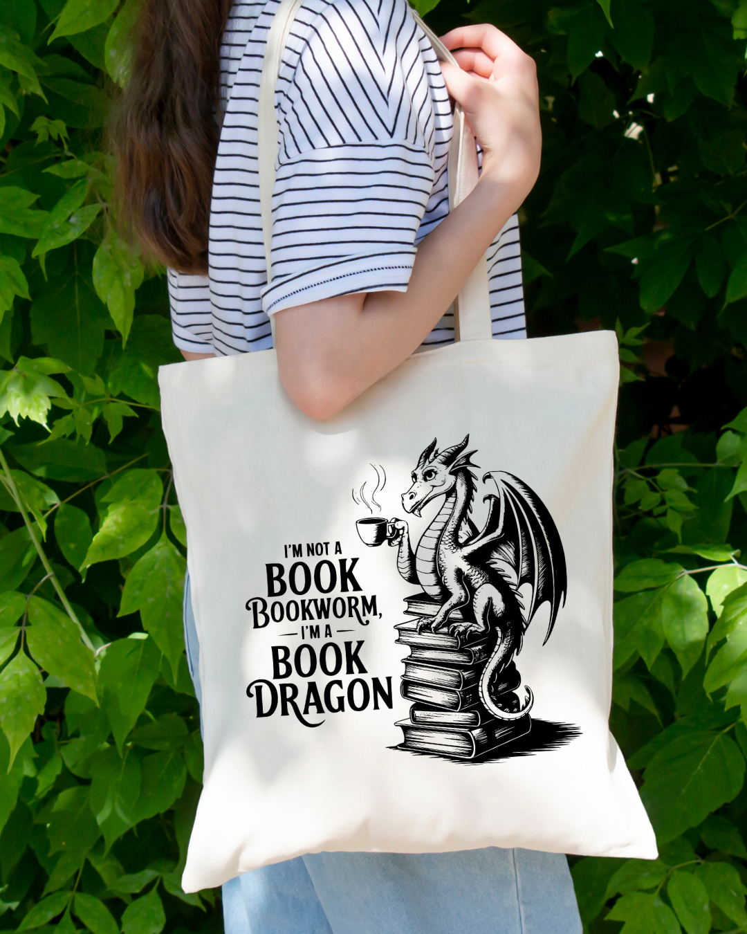 I'm Not a Bookworm I'm a Book Dragon Magnetic Snap Closure Canvas Tote