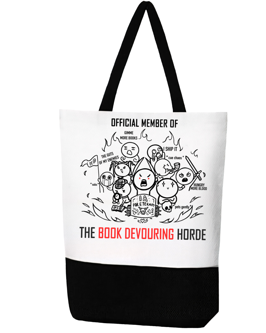Book Devouring Horde "Official Member" Black & White Canvas Tote With Zipper