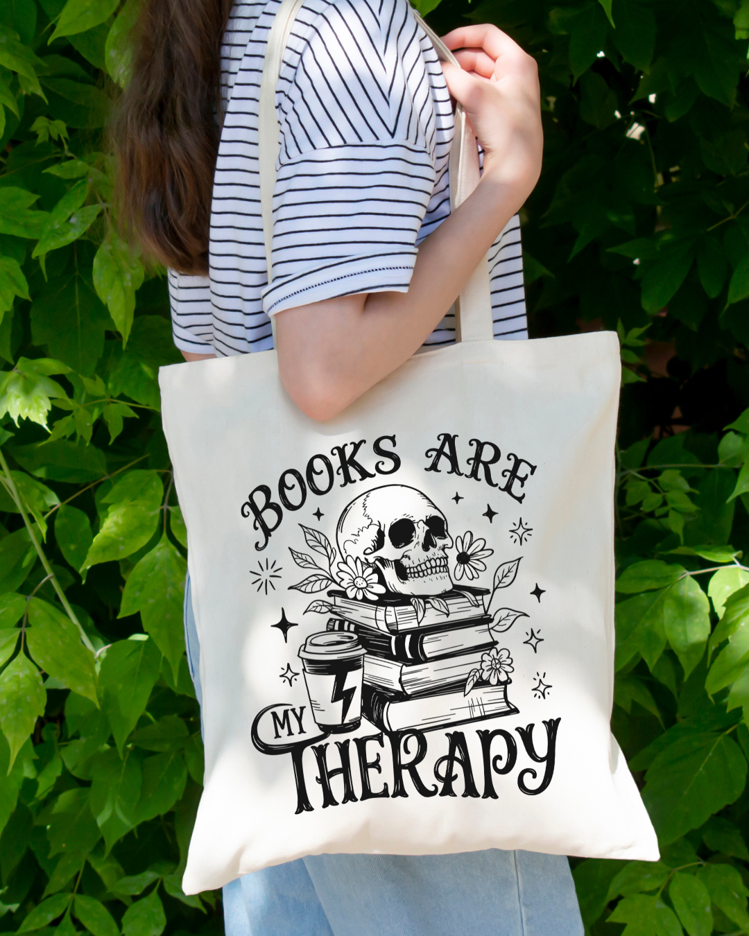 Books Are My Therapy 2 Magnetic Snap Closure Canvas Tote