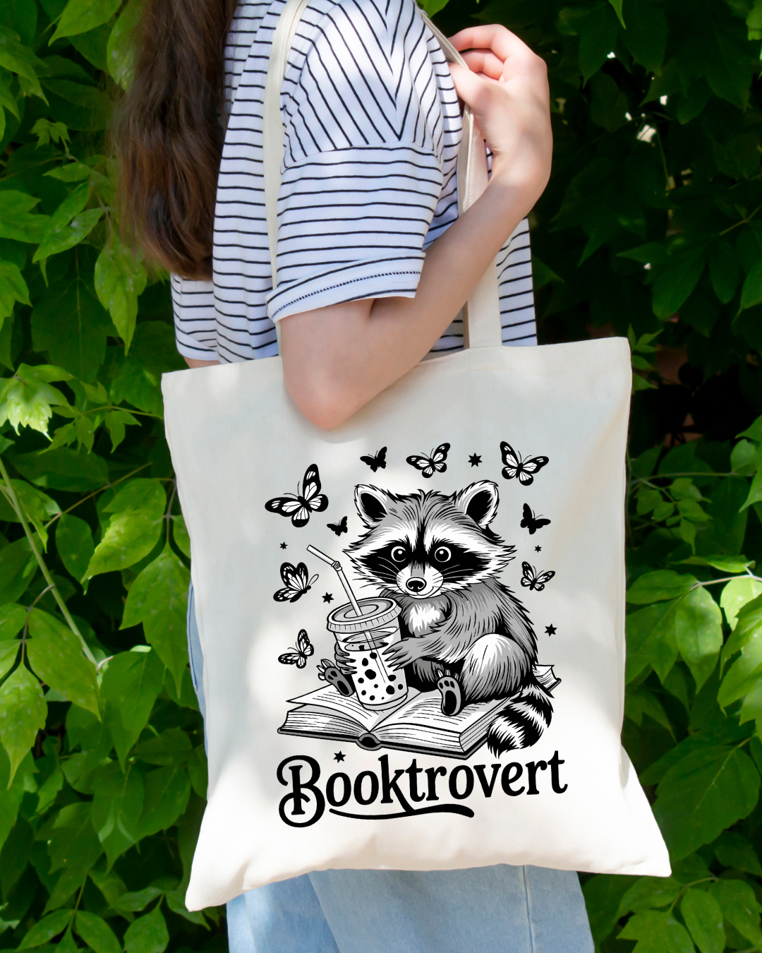Booktrovert with Raccoon Magnetic Snap Closure Canvas Tote