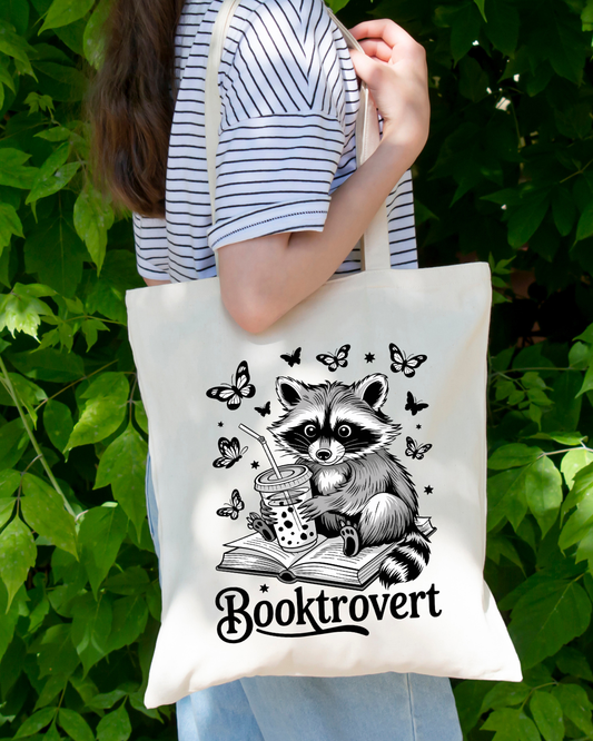 Booktrovert with Raccoon Magnetic Snap Closure Canvas Tote