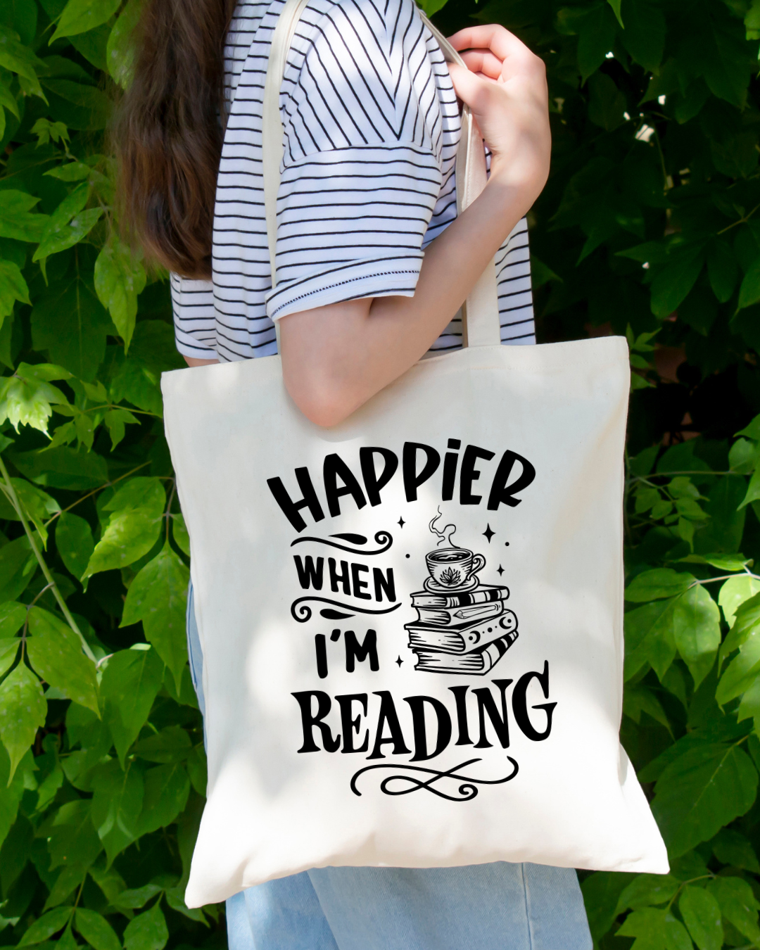 Happier When I am Reading Magnetic Snap Closure Canvas Tote